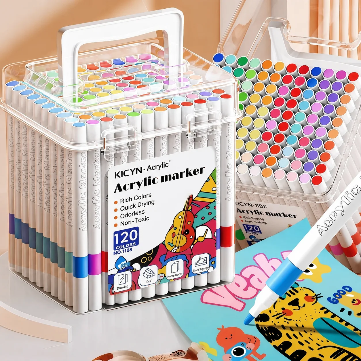 Фото Водостойкие, не выцветающие, наслаиваемые акриловые маркеры для учеников начальной школы — водонепроницаемые цветные ручки в ведре №3