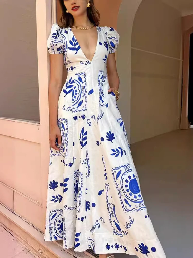 Женское длинное платье с V-образным вырезом и рукавами-фонариками