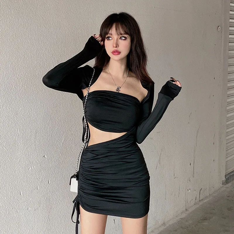 Spring and Autumn Women's Clothing Sexy Pleated Long Sleeves Open Waist Bag Hips Fake Two Dress Women