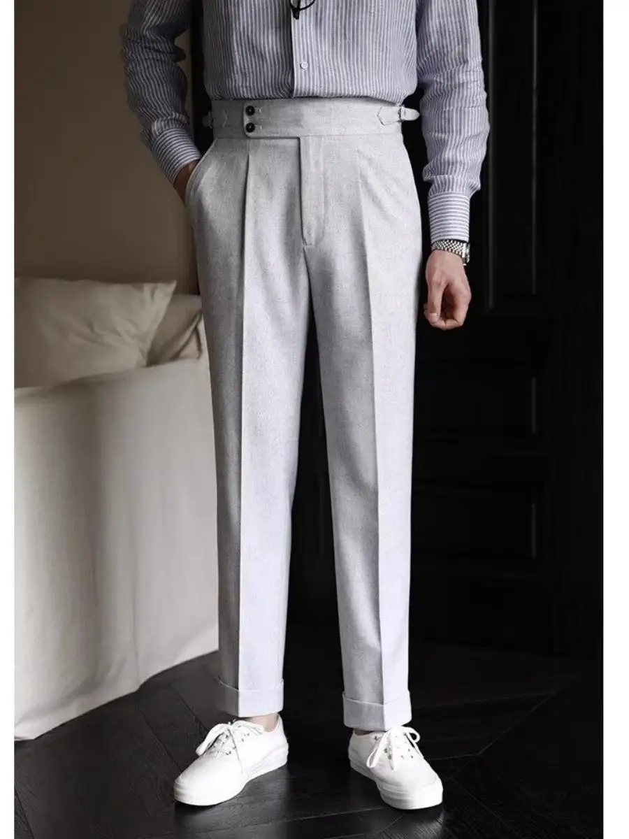 [Mr. Shen] Autumn and Winter Gray Suit Pants High Waist Slimming Skinny Casual Versatile Capri Harem