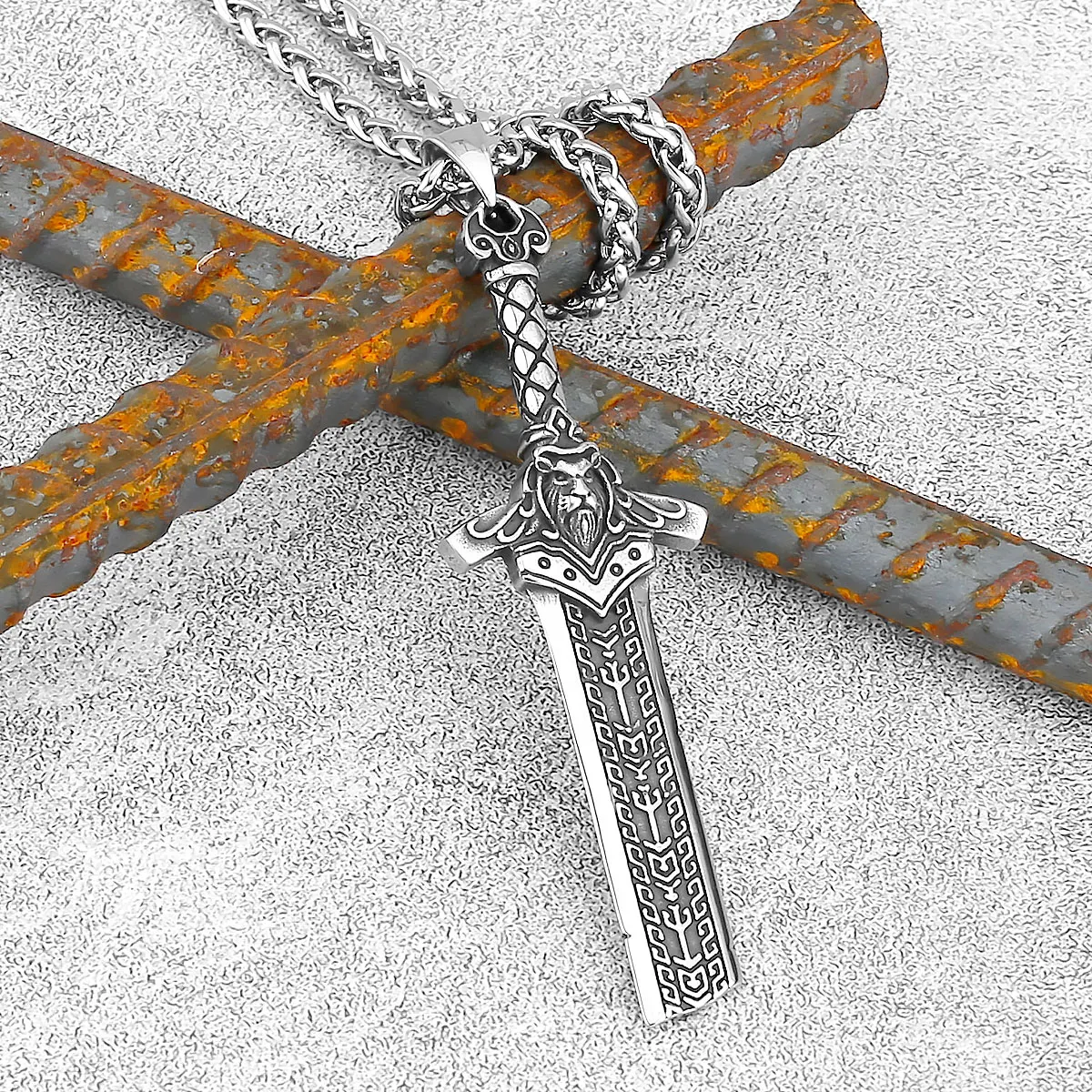 

Popular 2023 Trendy Viking Stainless Steel Necklace Retro New Fashion Cross Sword Amulet Pendant Women's and Men's Jewelry