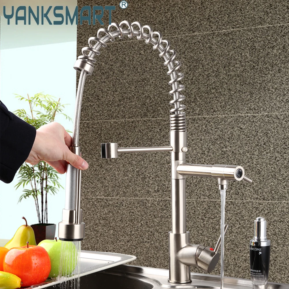 

YANKSMART Nickel Brushed Kitchen Faucet Solid Brass Vessel Sink Swivel Faucet Washbasin Mixer Water Tap With Pull Down Spray