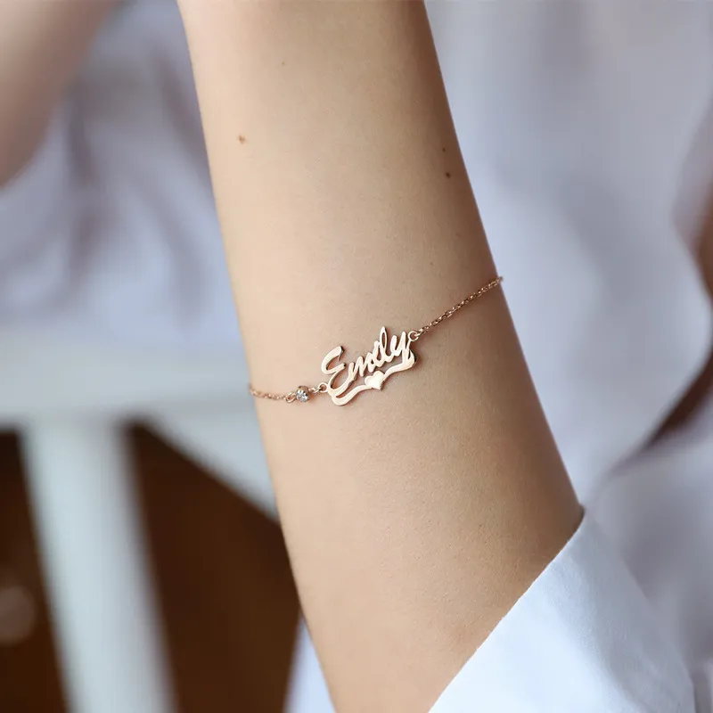 

Custom Name Bracelet With Birthstone Personalized Stainless Steel Letters With Heart Bracelet Dainty Jewelry Gift For Women