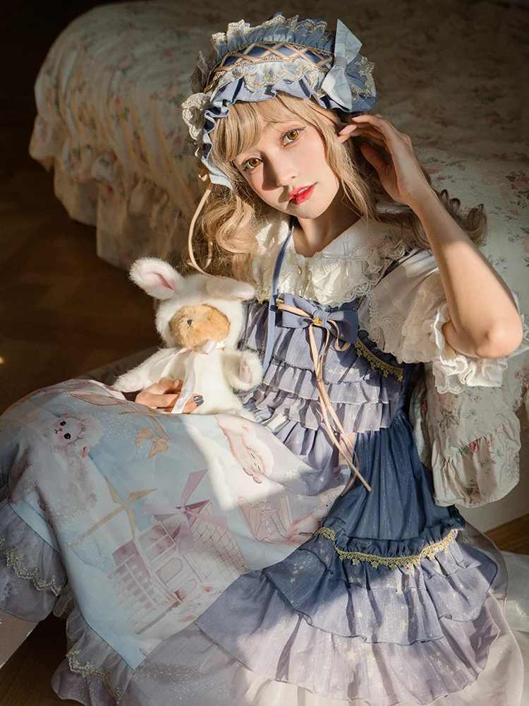 

LinealCat Sweet Kawaii Original Lolita Dress Jsk Purple Pink Blue Cute Lolita Strap Dress Lolita Kawaii Blue Lolita Dress