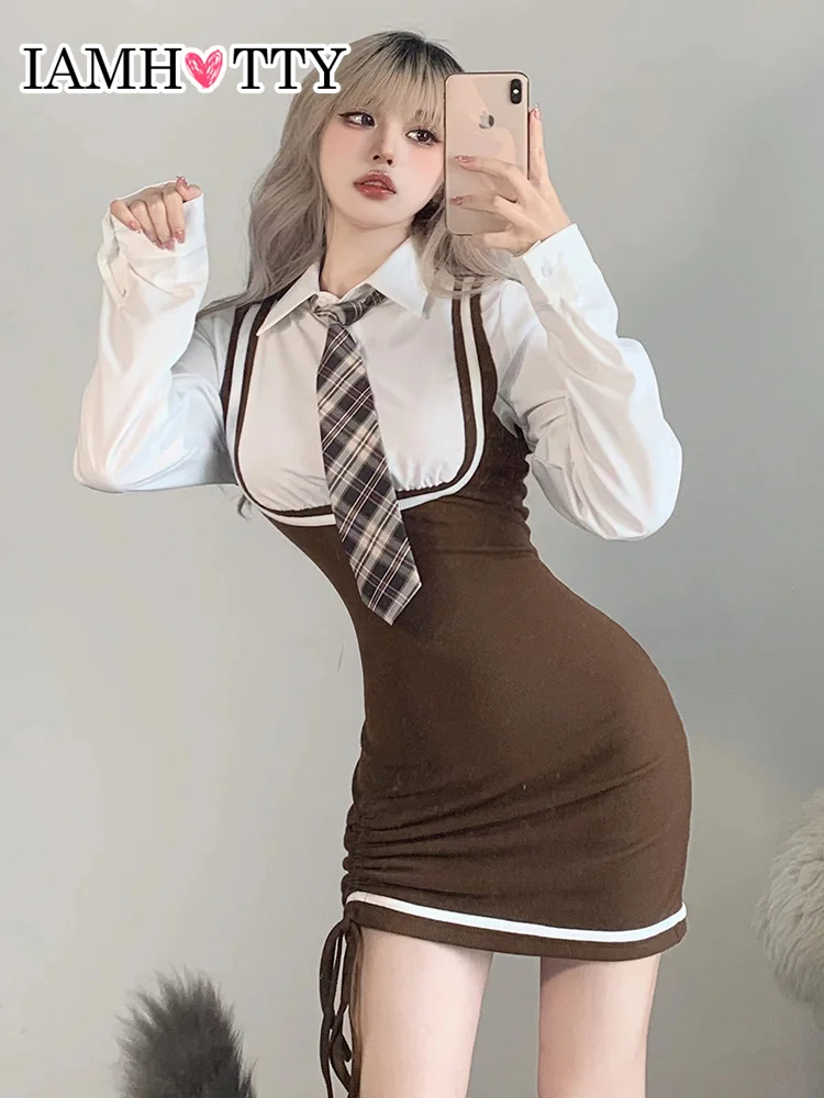 

IAMHOTTY Korean Fashion Casual Elegant Patchwork Knitting Kawaii Dress with Tie 2 Piece Set Preppy Style Tight Slim Sexy Robe