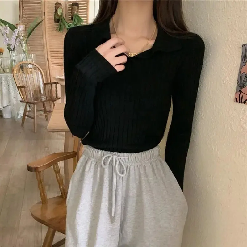 

Lucyever 2022 Basic Turn Down Collar Solid Pullovers Women Fashion Slim Knitted Jumpers Woman Spring Causal Long Sleeve Sweater