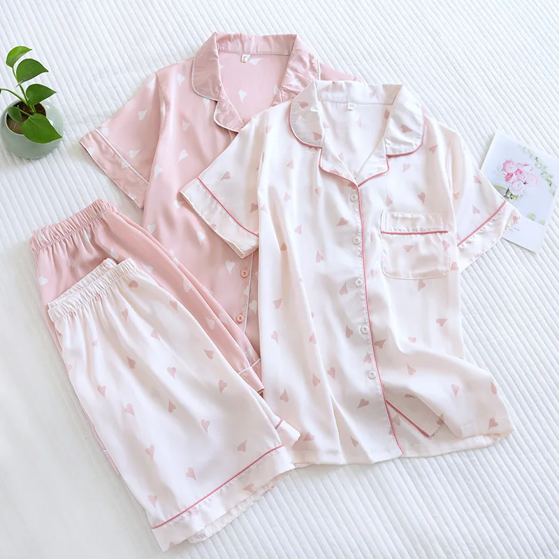 New Summer Viscose Pajamas For Women Sleeping Clothing Heart-Shape Printed Pyjamas Sleepwear Set For Female Loungewear