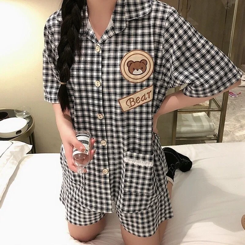 Japanese Pajamas for Women Summer College Style Pyjamas Cute Cartoon Bear Plaid Lapel Pijamas Plus Size 2 Piece Sets Home Suit