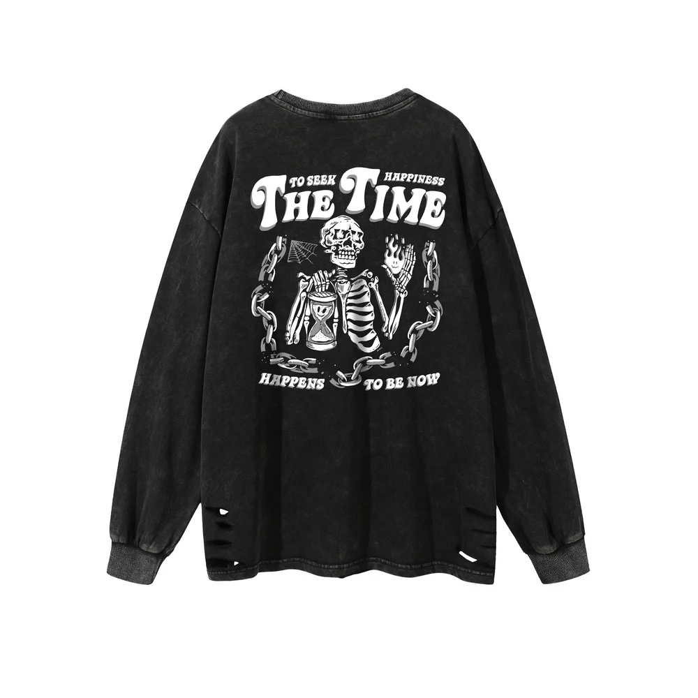 

Ripped Gothic Skulls LetterPrint T-Shirts Mens Retro Washed Black Long Sleeve Loose T shirts Grunge Men's Tops Tees 2023 Spring