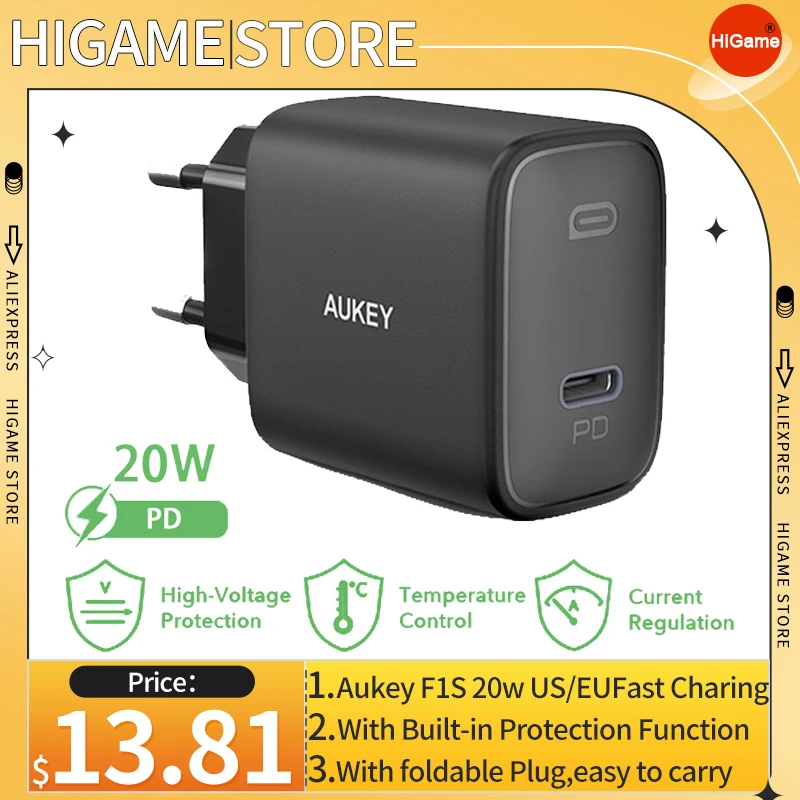 

Зарядное устройство AUKEY F1S Typec, 20 Вт, быстрое зарядное устройство, настенное зарядное устройство для iPhone, Samsung, Xiaomi, мобильное зарядное устройс...