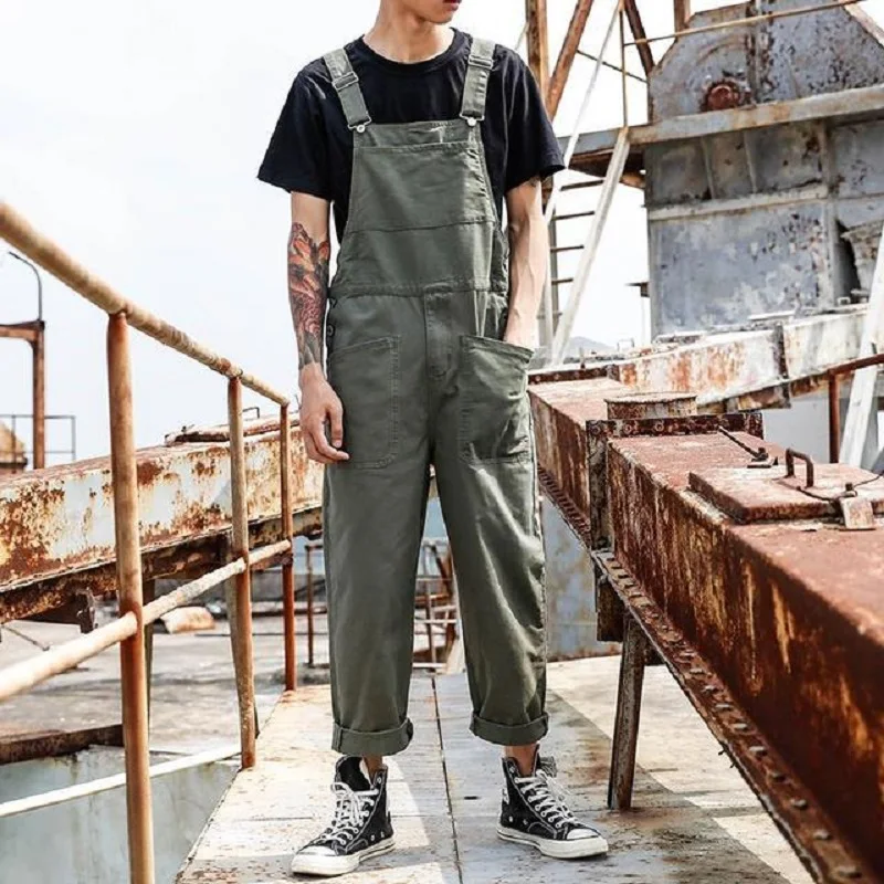 

2022 Men Bib Pants Solid Color Casual Jumpsuits Streetwear Joggers Multi Pockets Fashion Suspenders Men Cargo Overalls