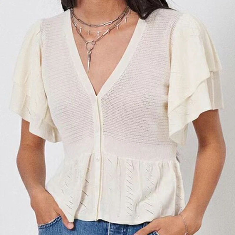 

Women's V-neck Knit Cardigan Single Breasted Butterfly Sleeve Slim Jumper Elegant Hollow out Ladies Sweater