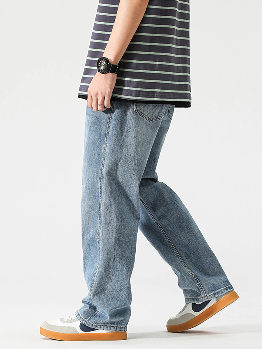 Four Seasons Men's Jeans American Loose Straight Retro Washed Jeans Men's Large Size Tide Brand High Street Wide Leg Pants JEANS