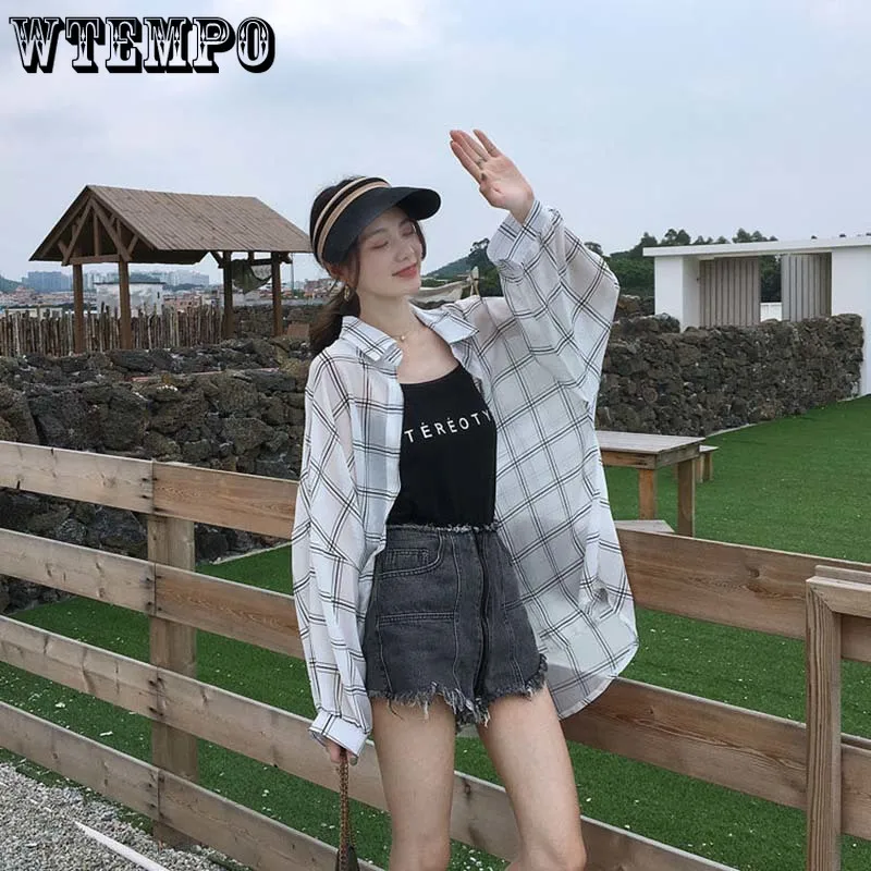 Long Sleeves Plaid Shirt Women's Sun Protective Shirts Summer Korean Retro Air-conditioning Blouse Mid-length Sunscreen Shirt