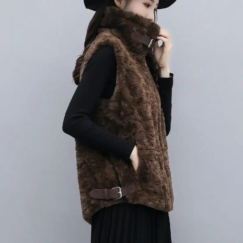 Winter Warm Wool Vests Women Faux Fur Sleeveless Jacket Cardigan Plus Size Zipper Pockets Korean Coats Harajuku Vintage Vest