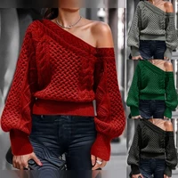 sweater womens one neck knit off shoulder long lantern sleeve loose soft pullover long sleeve sweater autumn and winter