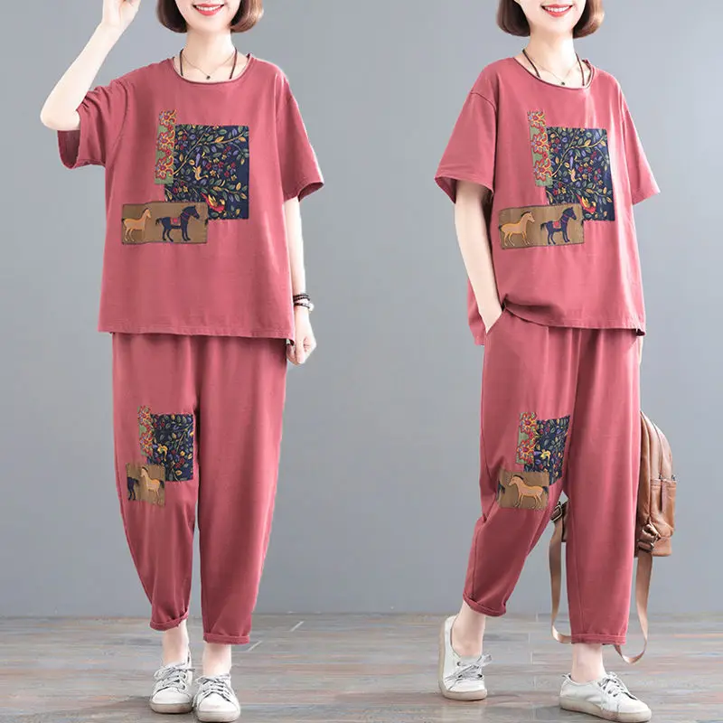 

Two Piece Set Women Tracksuit O-neck Short Sleeve T-shirt Top and Pants Suit Sporting Sets Female Casual Summer Outfits X118