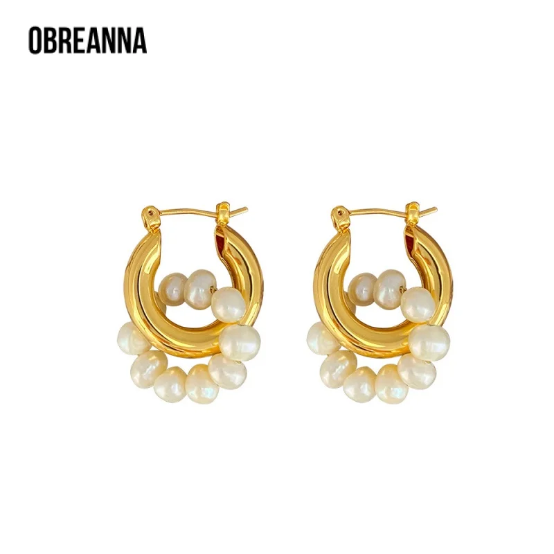 

Metal Circle Natural Freshwater Stringed Pearls Earrings Fashion Simple Retro Hong Kong Style for Women