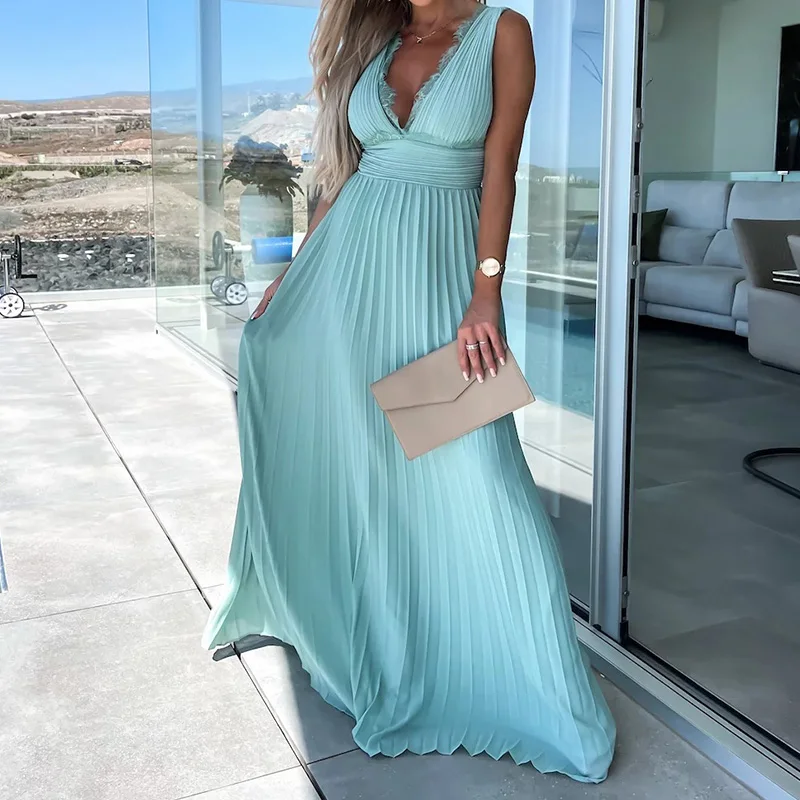 

Женское кружевное платье-макси без рукавов, однотонное вечернее длинное плиссированное платье с глубоким V-образным вырезом и перфорацией, лето 2023