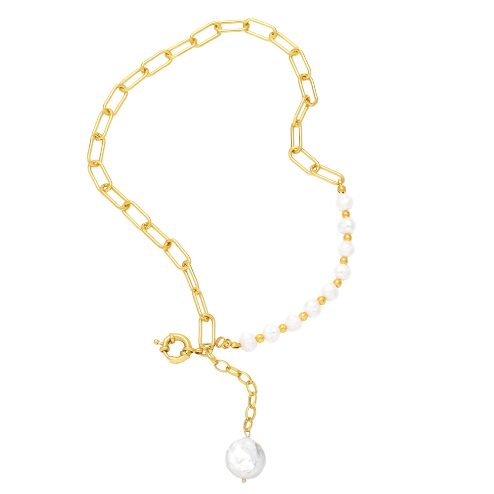 

FLOLA Baroque Pearl Beads Necklaces for Women Half Paperclip Chain OT Buckle Necklace Gold Plated Jewelry Gifts nkeb491