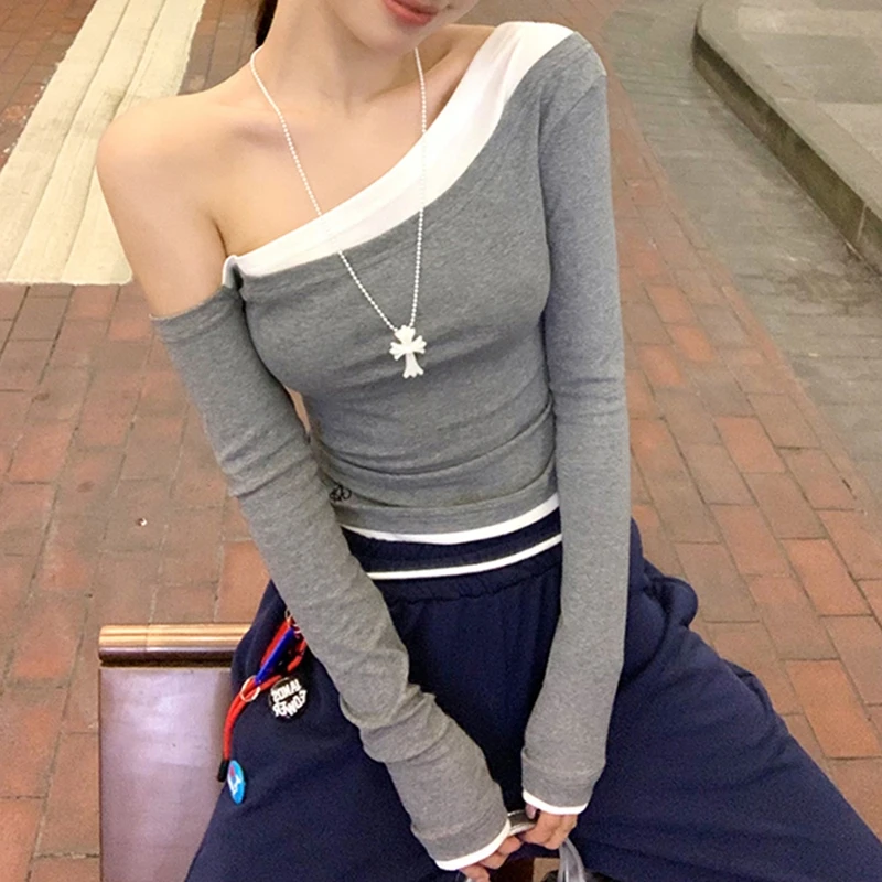 Женская повседневная футболка с длинным рукавом и косым вырезом в стиле пэчворк