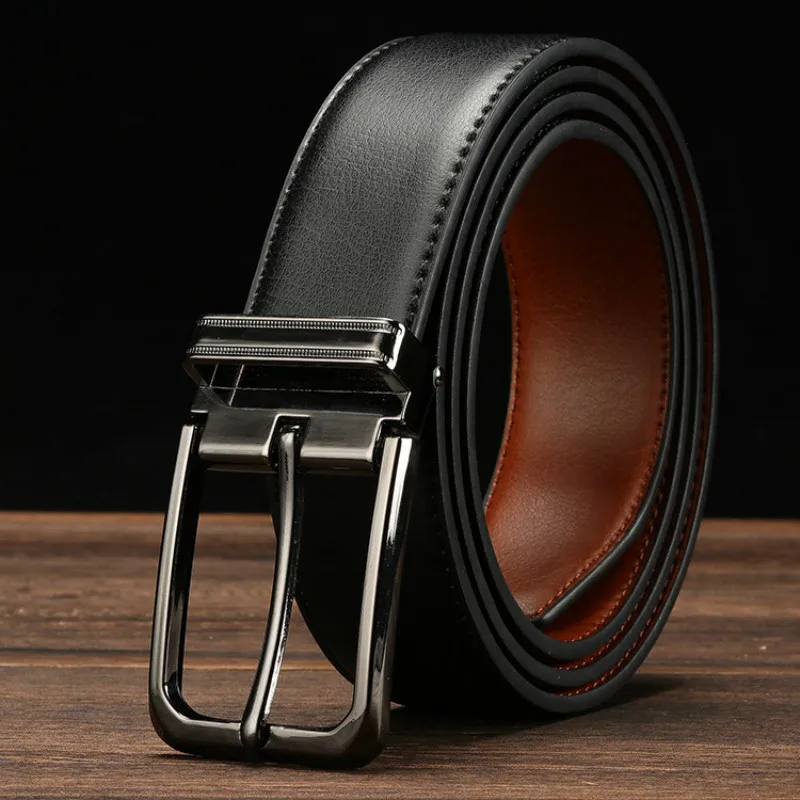 New High Quality Cowhide Genuine Leather Belts Men Pin Buckle Jeans Waistband Male Black Brown Two Sides Color Belt Men Belt
