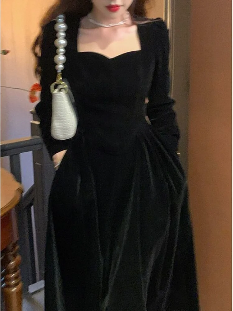 

2021 Winter Black Velvet Dress Women France Vintage Party Dresses Long Evening Elegant One Piece Dress Korea Female Clothing New
