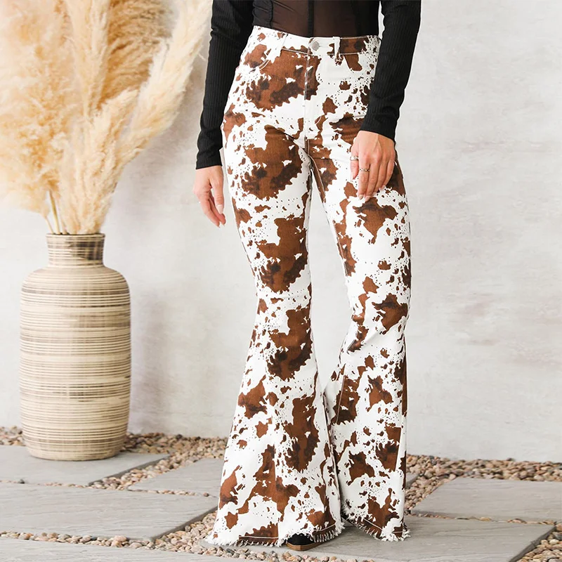 

2023Casual slim jeans, New Women's Jeans White Bottom Printed Brown High Waist Flare Pants