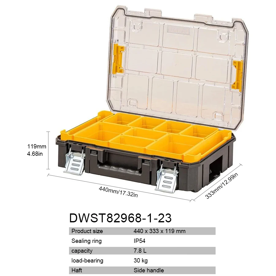 

DEWALT DWST82968-1-23 TSTAK ™ IP54 Портативный ящик для хранения Прозрачный ящик для инструментов Коробка для деталей Коробка для сверл Аксессуары для электроинструментов