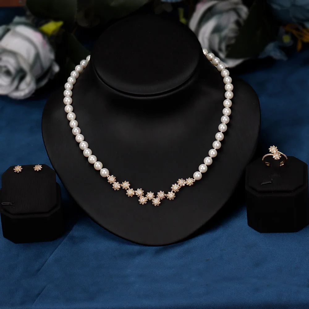 

JEWEL Trendy Popular Women Pearl Jewelry Set 3 PCS High Quality Cubic Zirconia Saudi Arabia Bridal Wedding Jewellery