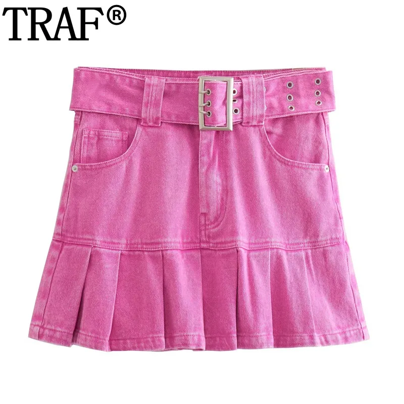 

TRAF Rosy Mini Skirts For Women High Waist Pleated Denim Skirt Woman Y2K Streetwear Girls Skirt Summer Belt Jean Short Skirt