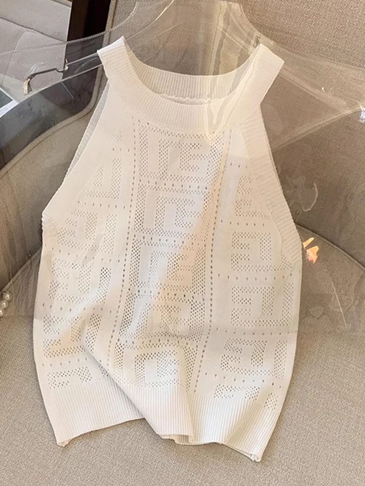 

COCHONNET Halter Neck Camisole Women Knitted Hollow All-Match Short Top
