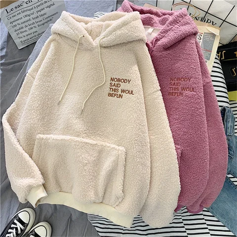 Autumn Winter Warm Hoodies Sweater Plush Velvet Thick Lamb Sweatshirt Women's Trendy Korean Casual Fashion Loose Coat Pullover