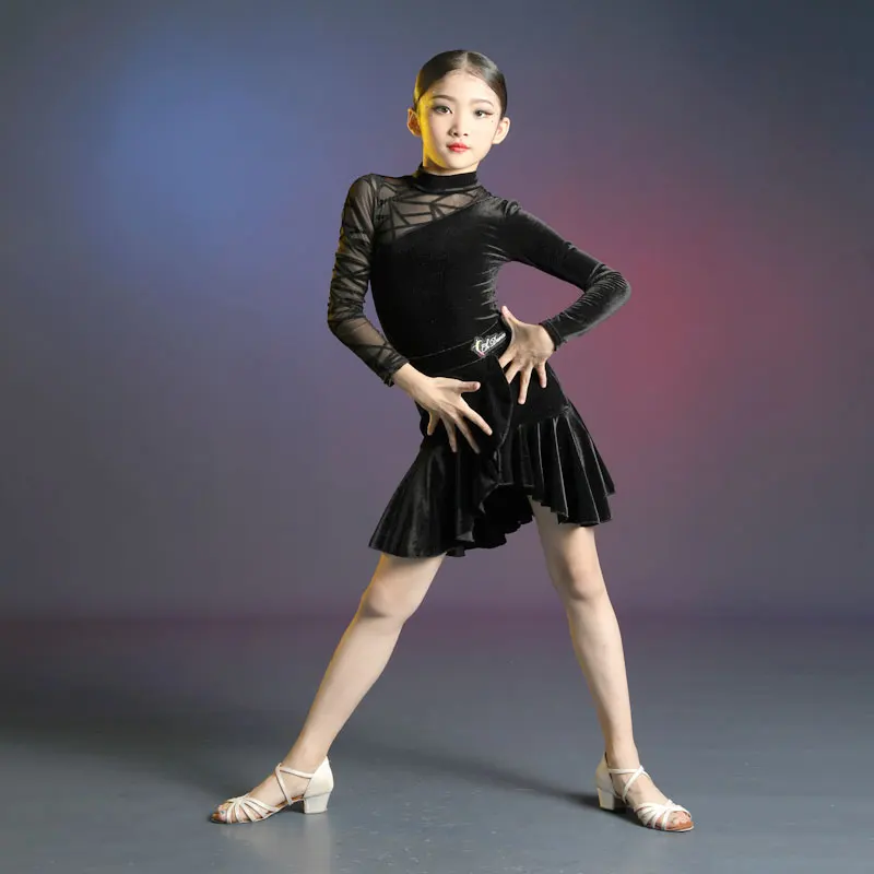 

2022 Children Latin Dance Dress Skirt Girl Women Costume Autumn And Winter Solid Color Long Sleeve Competition Practice Suit