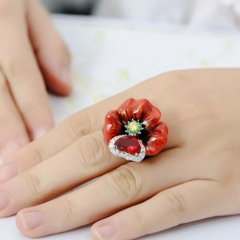 

Popular Plant Flower Ring Big Heart Rings Rings Women Wedding Ring Poppy Flower with Heart Finger Jewelry