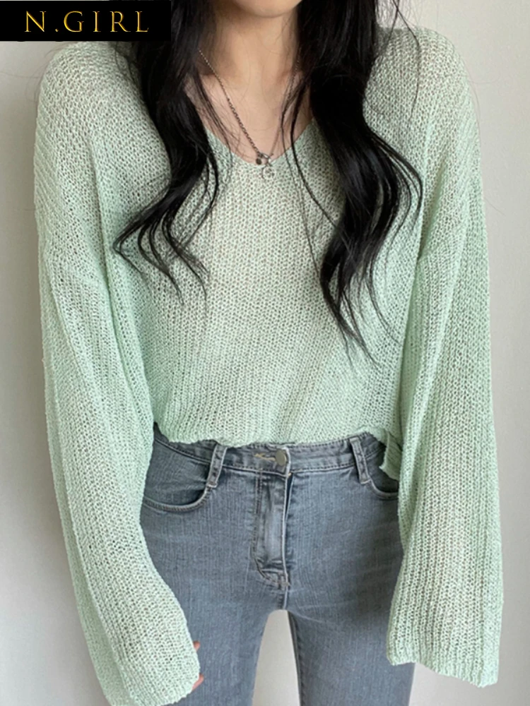 

Gaganight Women Deep V neck Loose All match Solid Color Top 2022 Korean Chic Summer pullover Thin Long sleeved Knitted Sweater