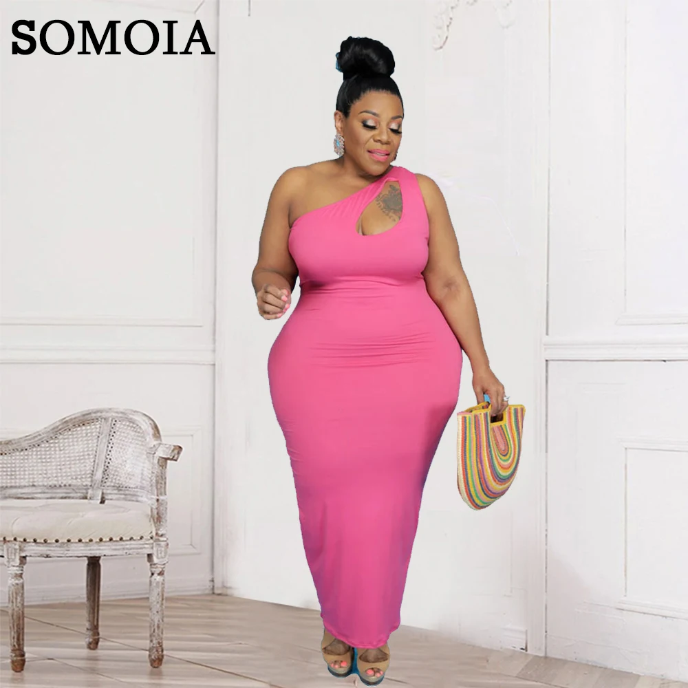 

SOMOIA XL-5XL Plus Size Women Clotting One Shoulder Cutout Solid Color Dress Large Size Evening Dresses Wholesale Dropshipping