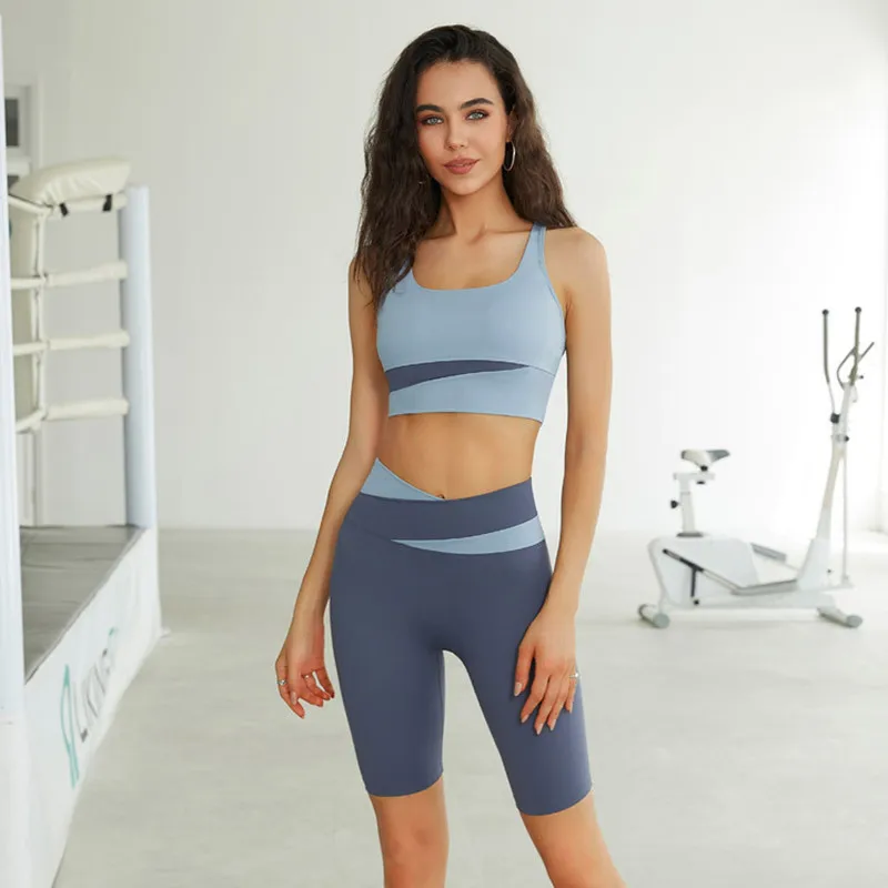 

Summer Contrasting Color 2pc Gym Fitness Sets Women Bare 5" V Waist Shorts + Shockproof Sport Bras Workout Yoga Sets Sportswear