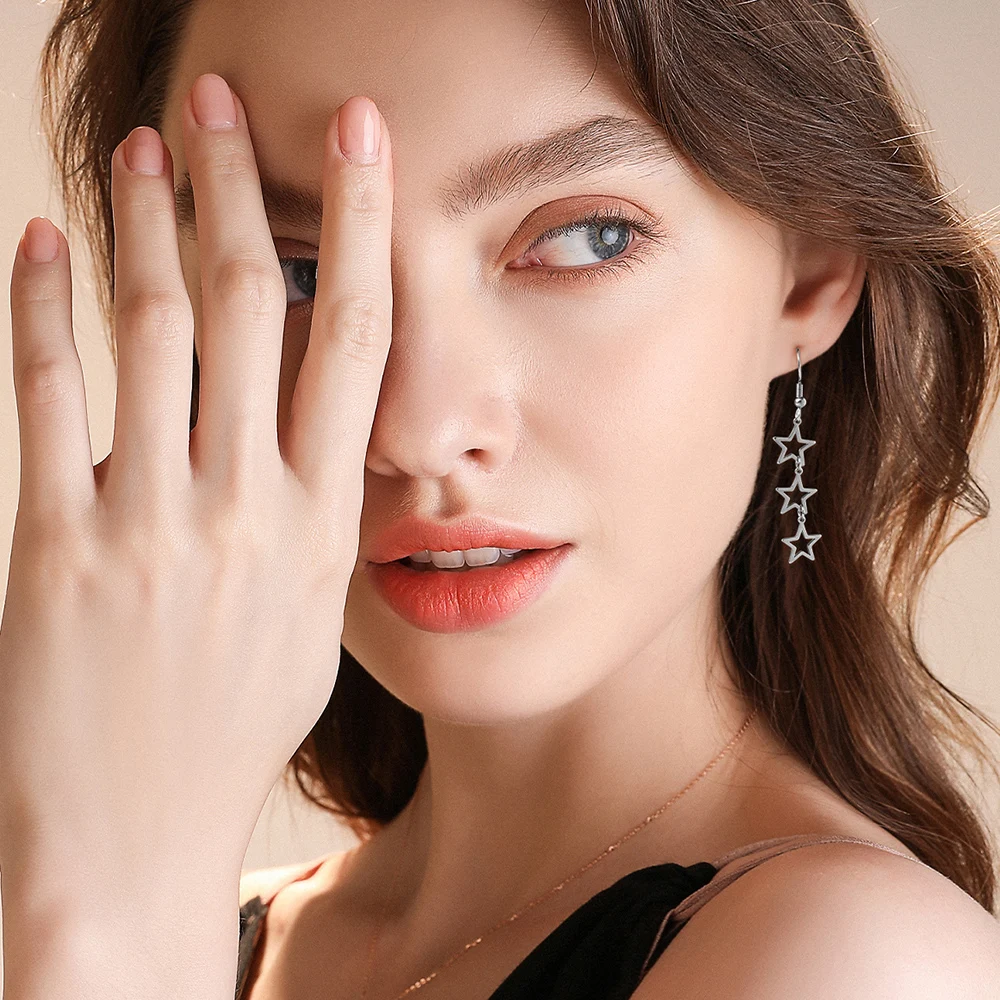 Новые серьги-подвески с тремя пентаграммами и французским крючком яркие живые