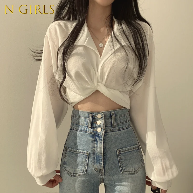 N GIRLS Back Bow Lace Up Crop Tops Casual Sexy Blusas Mujer De Moda Puff Long Sleeve White Blouse Women Autumn Slim Lady Shirts