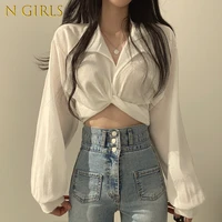 n girls back bow lace up crop tops casual sexy blusas mujer de moda puff long sleeve white blouse women autumn slim lady shirts