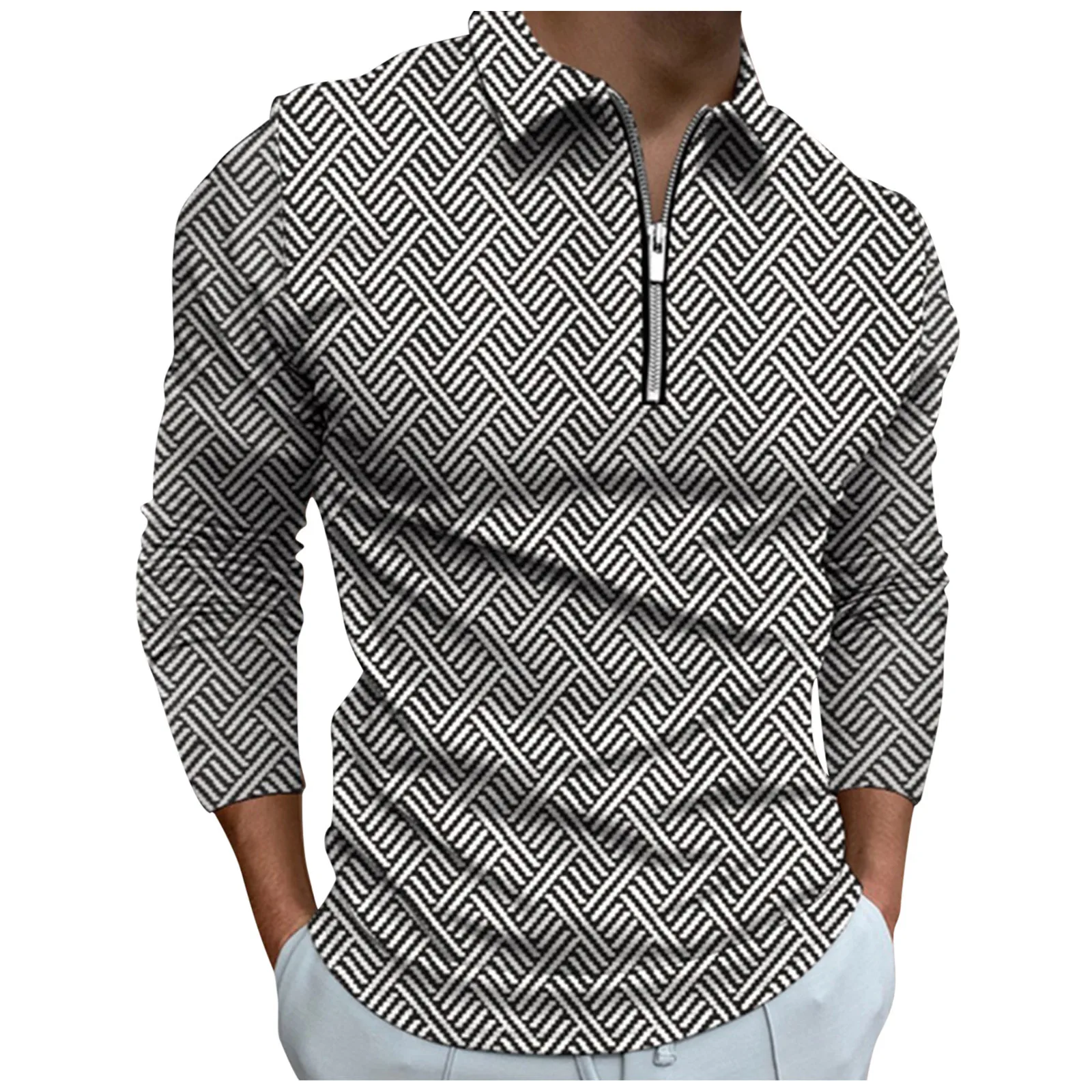 

Men's Casual Printed Top Shirt Zipper Turn-Down Collar Top Blouse Long Sleeve Polos Striped Handsome Shirt Tights Men