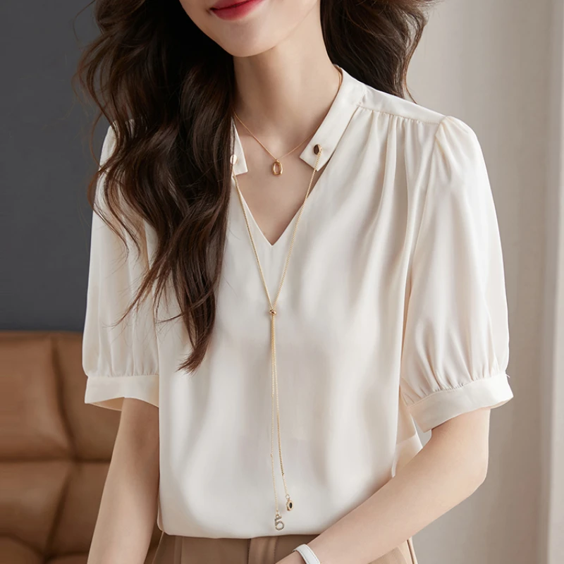 

Summer Women Short Sleeved V-neck Bubble Sleeved Casual Versatile Solid Color Chiffon Shirt Women Tops Blouses Blusas Mujer C763