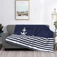 nautical navy blue stripes and white anchor blankets fleece multi function soft throw blanket for home bedroom bedspread