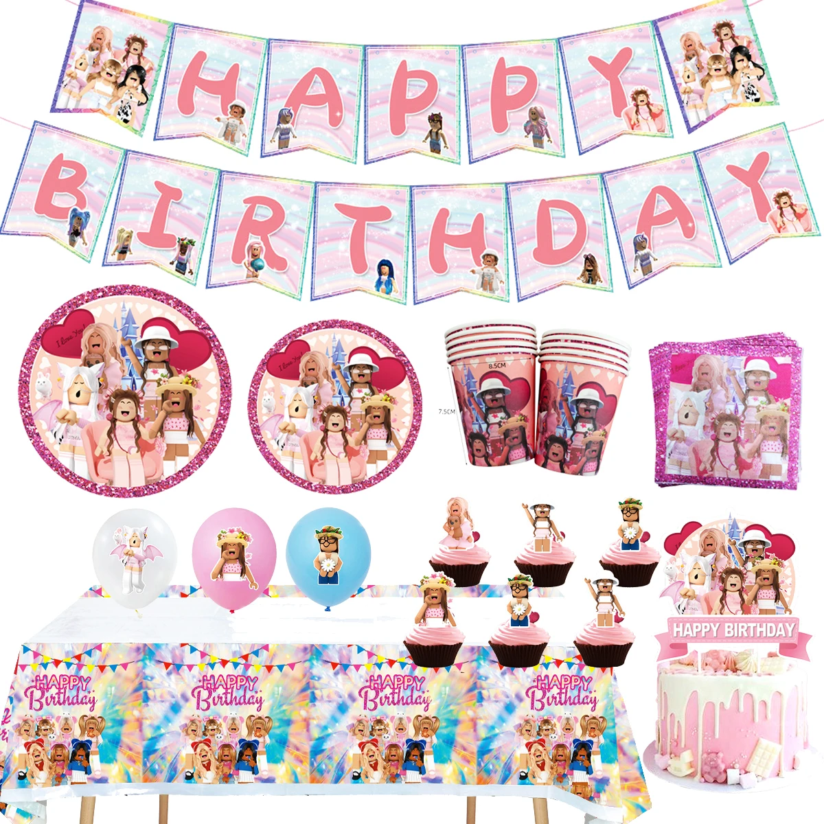 

Game Theme Birthday Party Decorations Plates Pink Robot Blocks Robloxed Cups Balloons Disposable Tableware Baby Shower Supplies