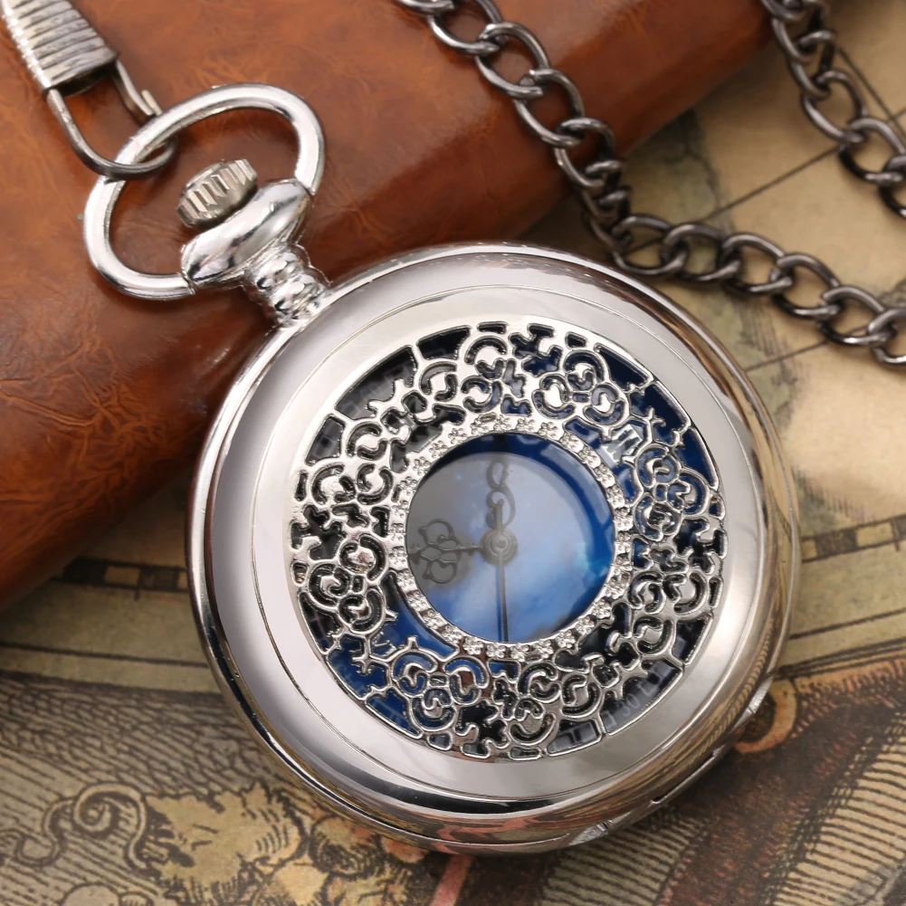 Elegant Vintage Hollow Silver/Black Quartz Pocket Watches Necklace Pendant Fob Chain Antique Pocket Clock Gifts for Men Women