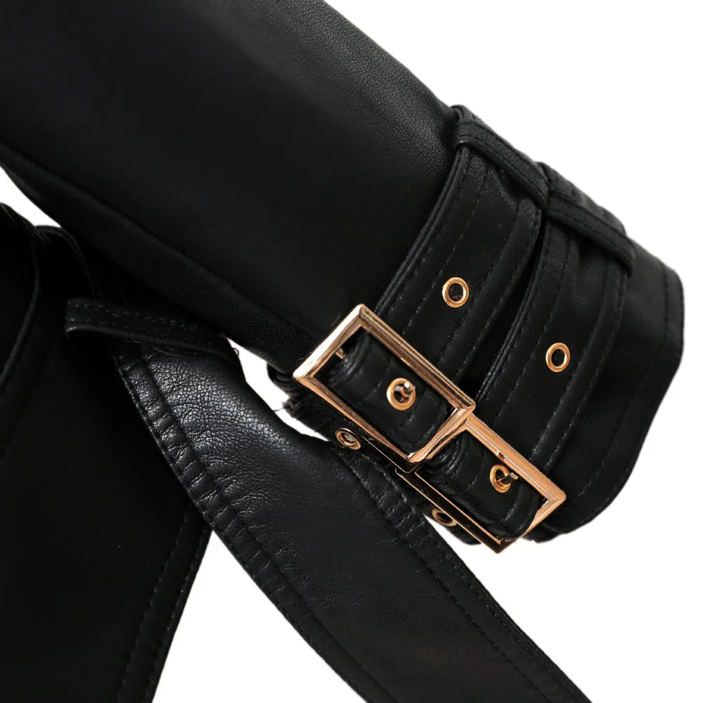 Lapel belt double-breasted Zipper leather slim-fit coat short motorcycle leather jacket