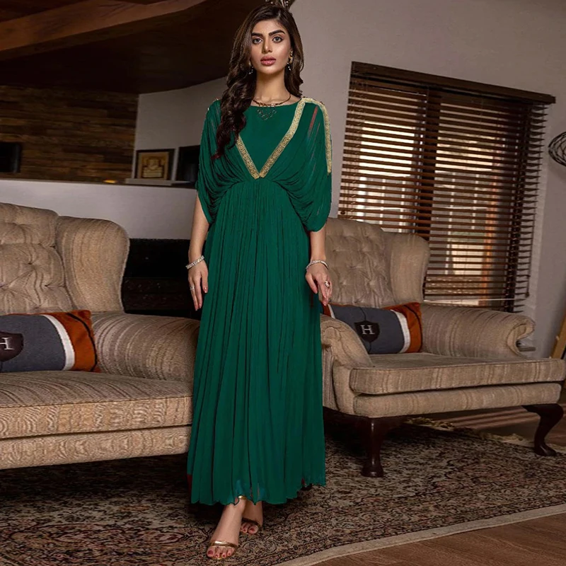 Pleated Long Muslim Chiffon Tunic Summer Dress Women 2022 Dubai Evening Hijab Turkish Islamic Traditional Arabic Dress Clothing