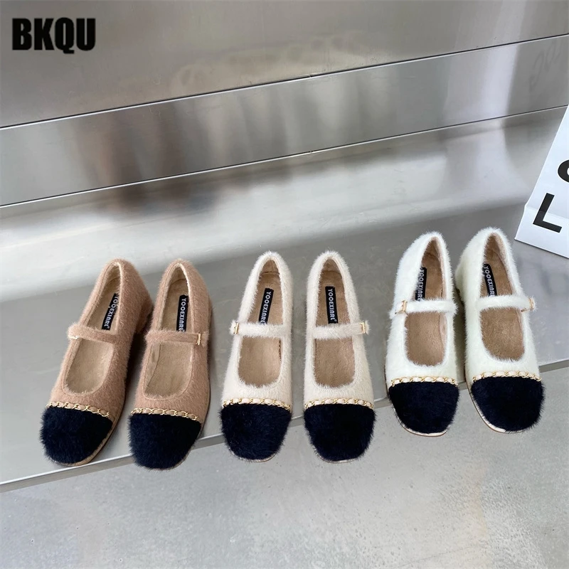 

Женские Меховые Туфли на цепочке, туфли-лодочки на толстом каблуке с ремешком и пряжкой, женские зимние Новые однотонные туфли разных цвето...