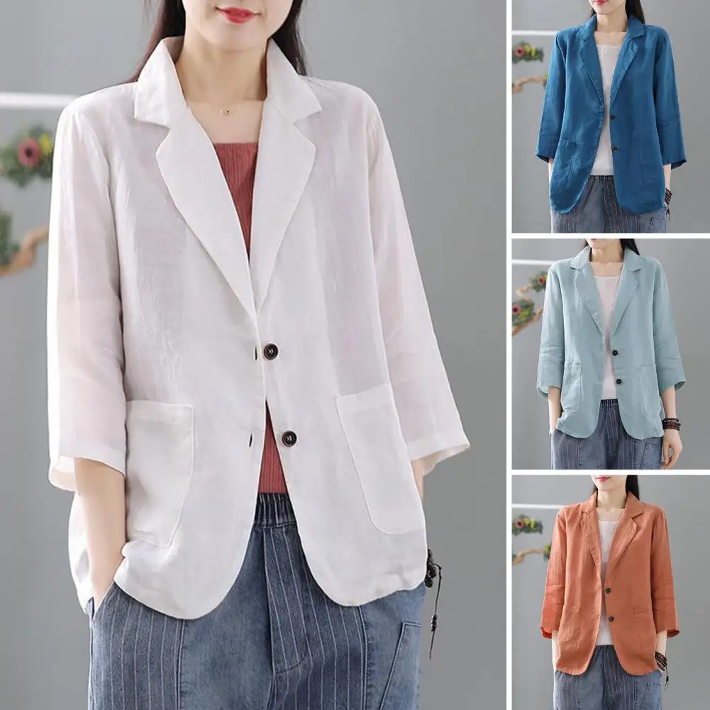 

Women Summer Coat OL Style Patch Pockets Lady Coat Loose Three Quarter Sleeves Jacket Breathable Double Buttons Female Jacket